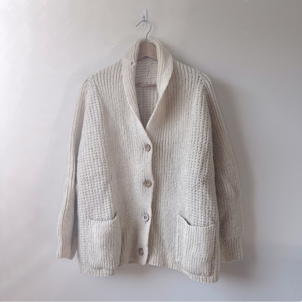 vintage wool cardigan sweater fisherman knit with wooden buttons